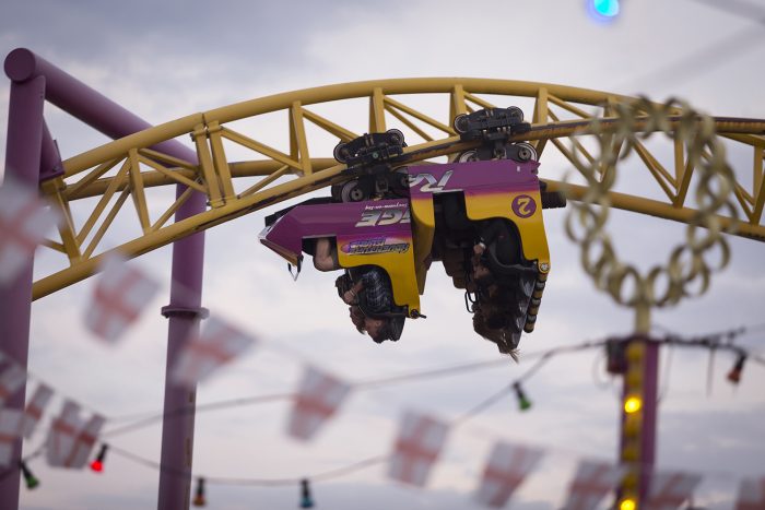 A photo of a Rage rollercoaster cart upside down in Adventure Island, Southend.